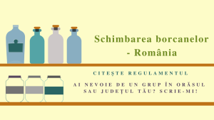 Borcane colorate pe un raft, cu text informativ despre grupuri locale.