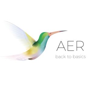 Un colibri colorat zburând cu textul AER și sloganul "back to basics".