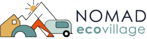 Logo-ul NOMAD Ecovillage, cu elemente de natură și un camper.