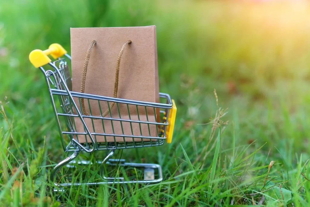 A shopping cart with a paper bag on grass, symbolizing an eco-friendly Christmas.