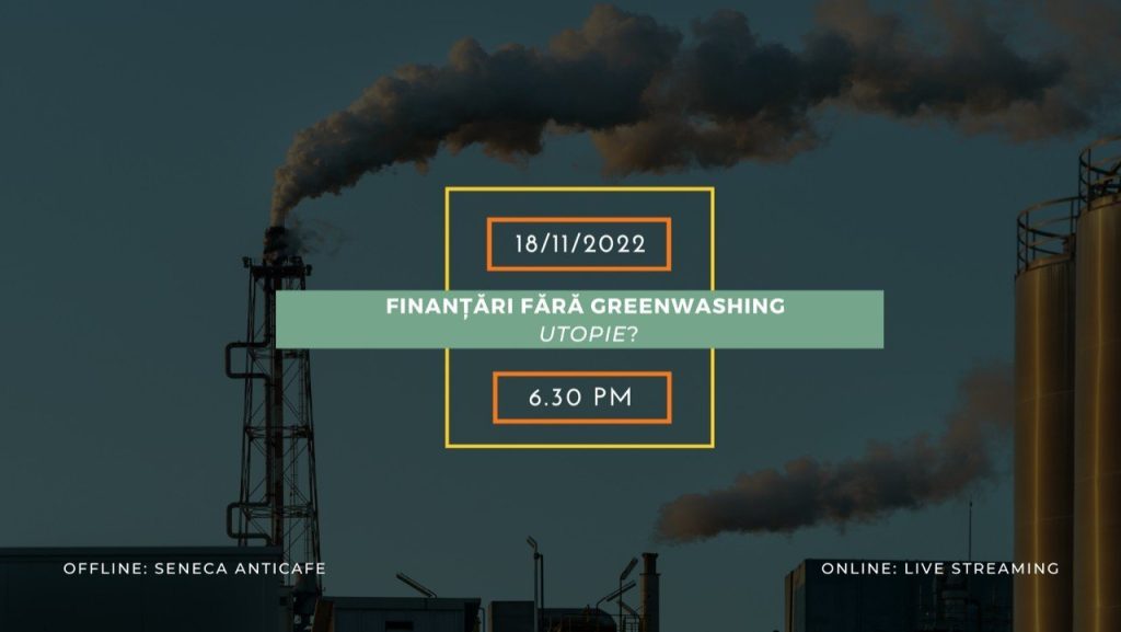 Event on financing without greenwashing, featuring smoke from a factory in the background.