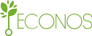 Logo-ul ECONOS, cu un simbol de frunză verde și text modern.