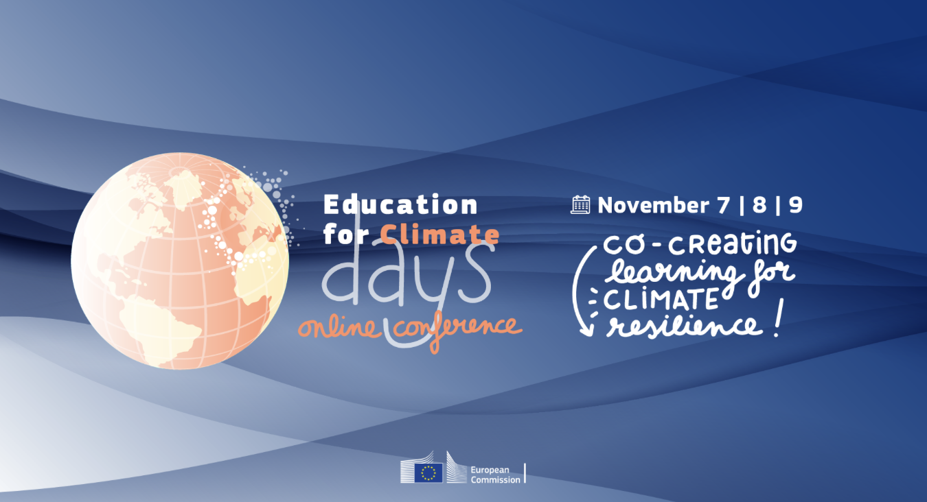 Conferința online Education for Climate Days 2022, cu un glob și datele evenimentului.