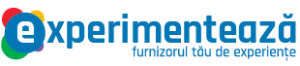 Logo al brandului 'experimentează', cu text albastru și culori vibrante.