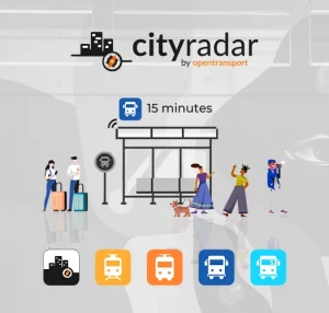 Ilustrație a unei stații de transport public, cu oameni așteptând și un câine, indicând timpul de așteptare.
