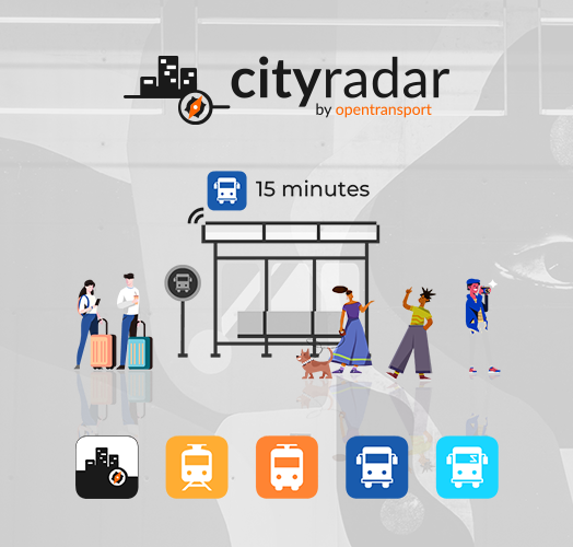 Illustration of a bus stop with people waiting for public transport, featuring a 15-minute message.