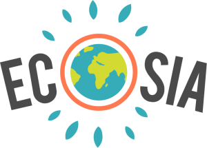 Logo Ecosia cu globul pământesc și frunze verzi, simbolizând căutarea ecologică.