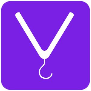 Logo Vintello, un simbol al unei cârlige pe fundal violet.