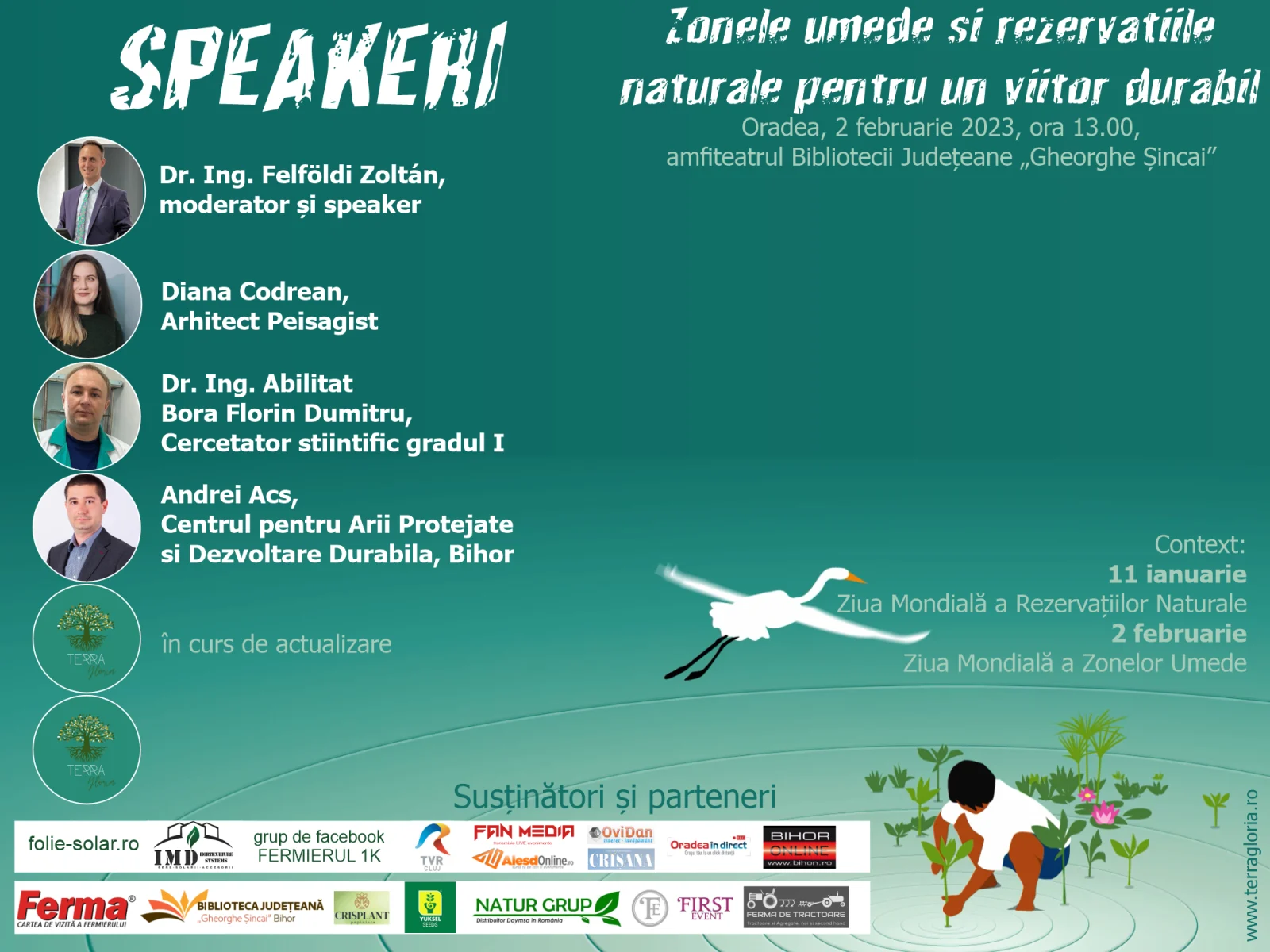 Eveniment despre zonele umede și rezervațiile naturale, cu speakeri și informații utile.