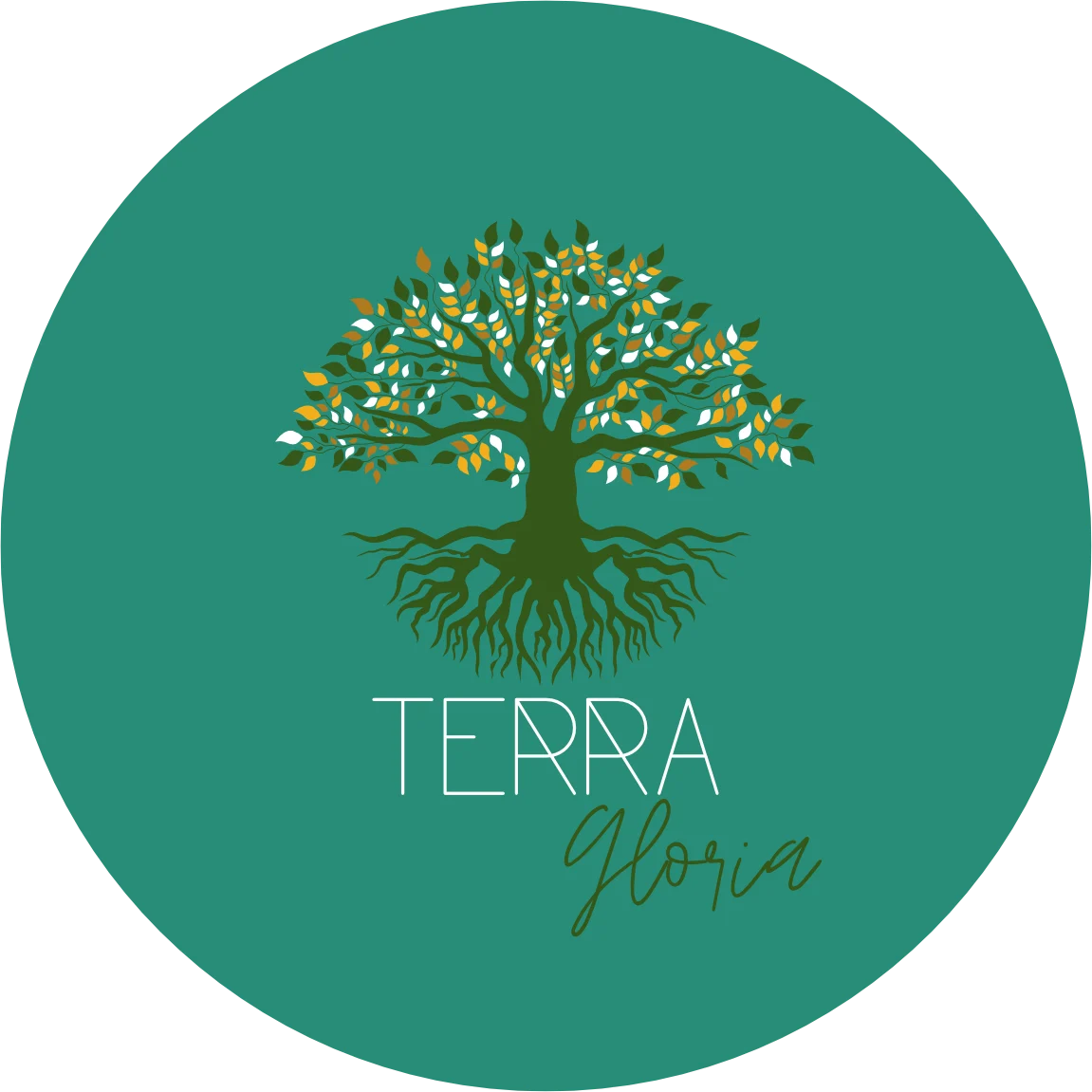 Logo-ul Asociatiei Terra Gloria, un copac cu radacini si frunze colorate pe fundal verde.