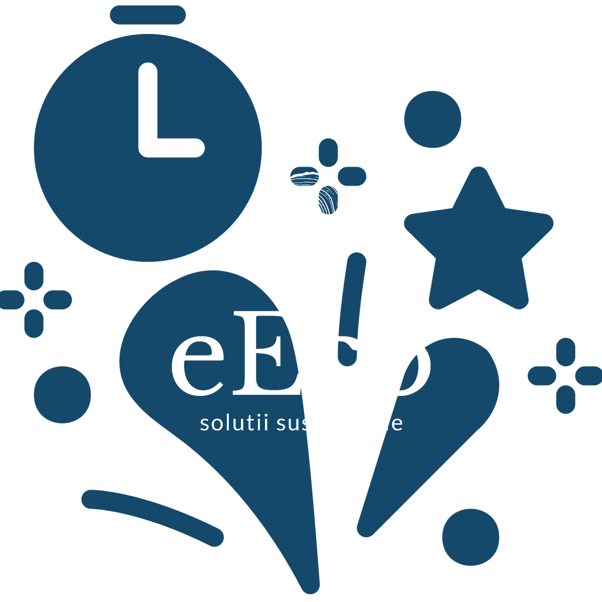 Logo eEco cu simboluri ecologice și un ceas, reprezentând soluții sustenabile.