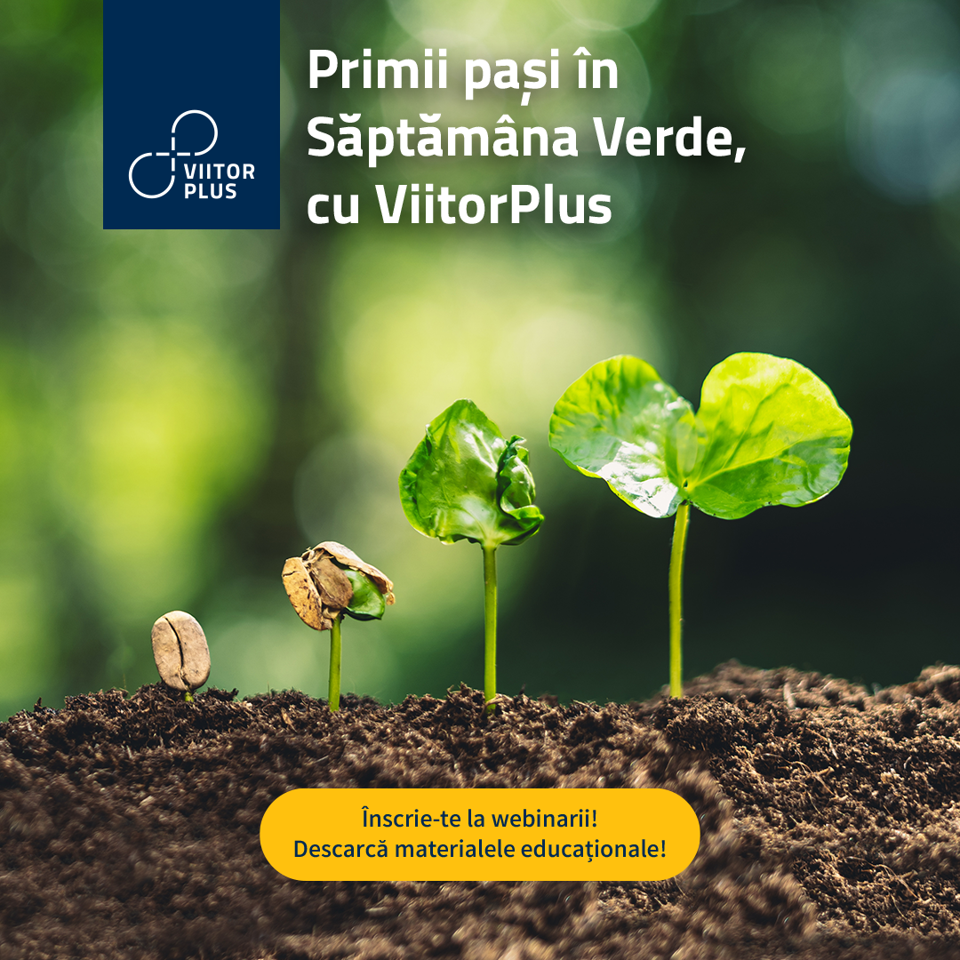 Semințe și plante mici crescând din sol, simbolizând începuturile Săptămânii Verzi.