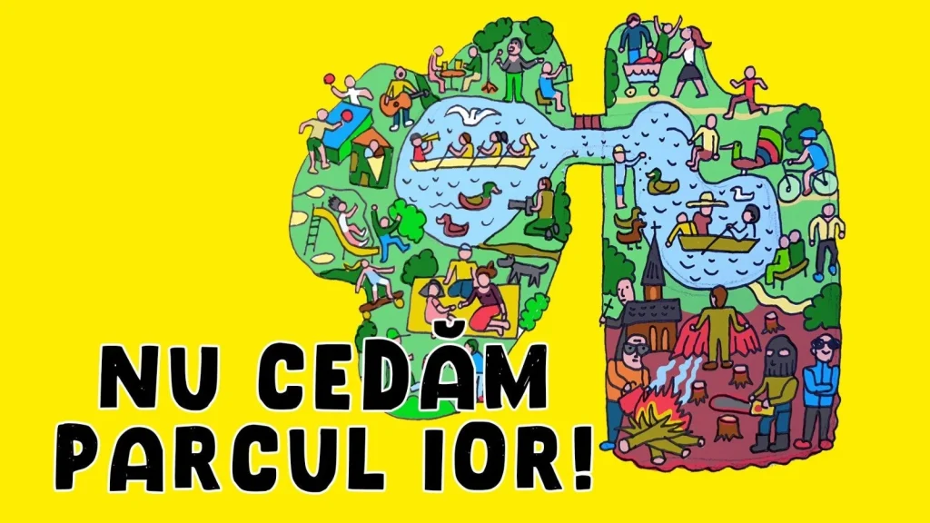 Colorful illustration of IOR Park, featuring recreational activities and people enjoying nature.