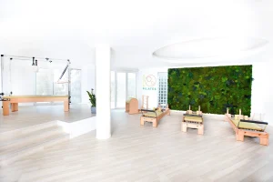 Studio de Pilates modern, cu echipamente de Pilates și un perete verde cu plante.