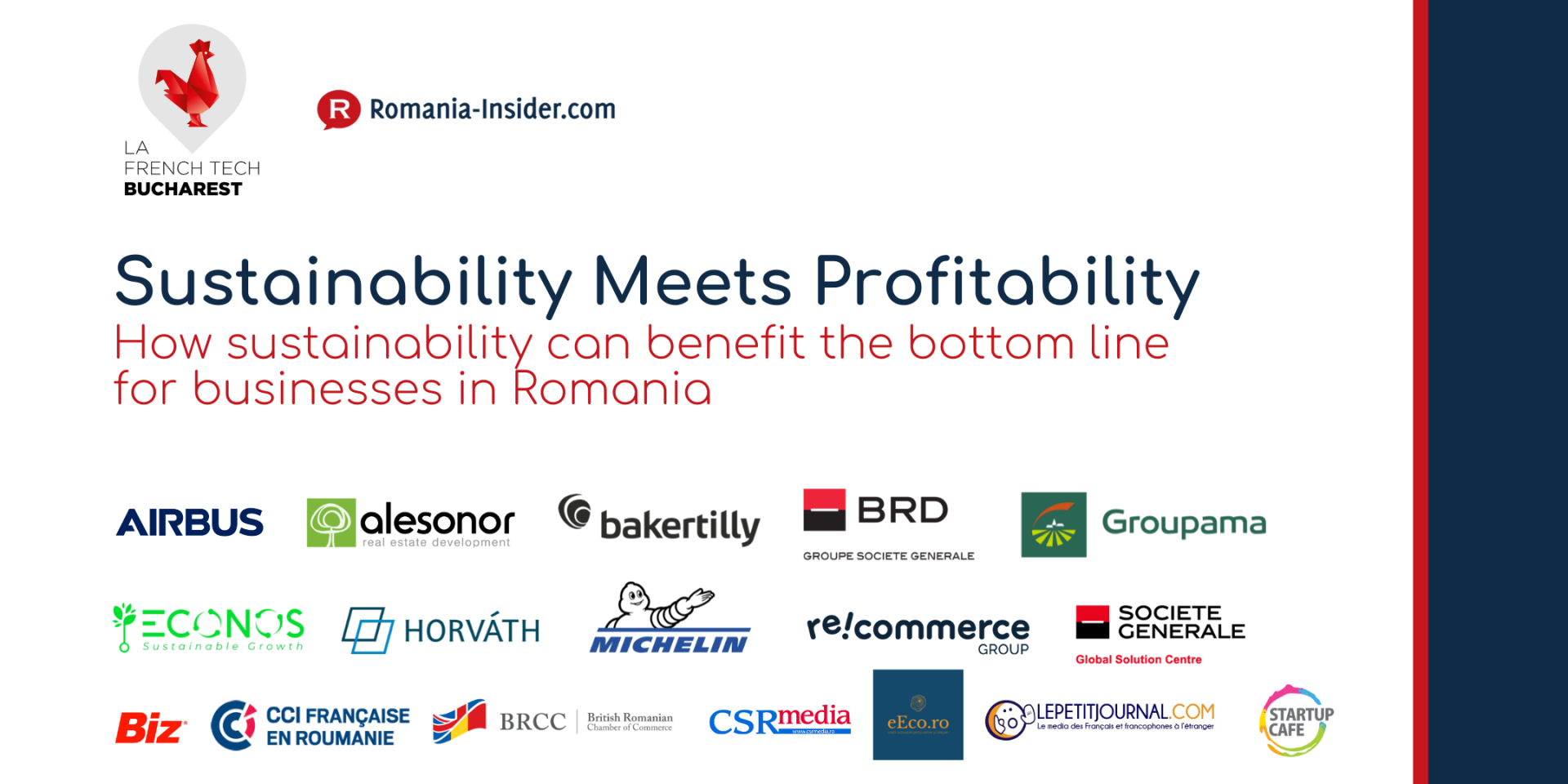 Sustenabilitatea și profitabilitatea în afaceri în România, cu diverse logo-uri de companii.
