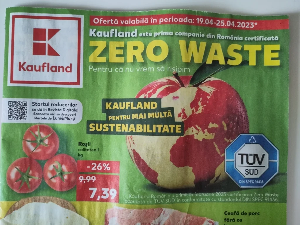 Kaufland catalog featuring Zero Waste certification message and product offers.