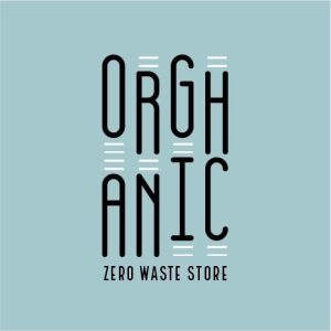 Logo of an organic zero waste store with stylized text on a blue background.
