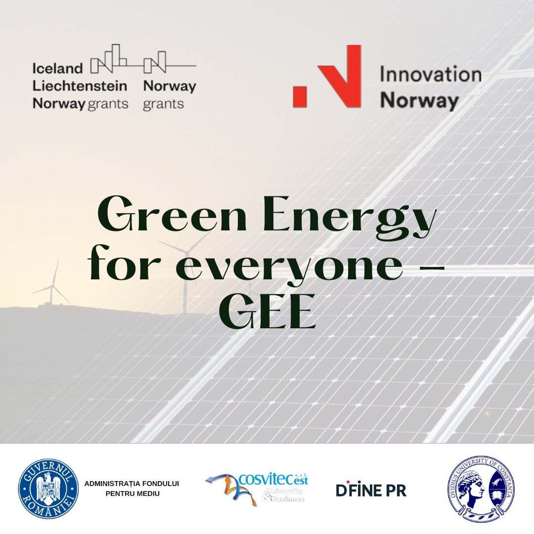 Logo-uri și text pentru proiectul Green Energy for Everyone, cu panouri solare și turbine eoliene în fundal.