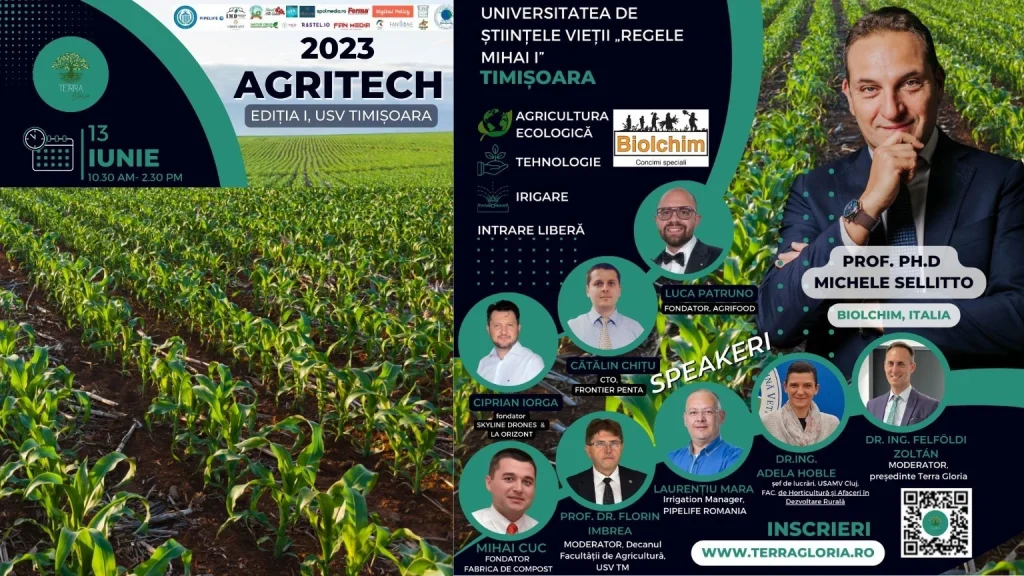 Cornfield with details about the AgriTech 2023 event at the University of Agricultural Sciences in Timișoara.
