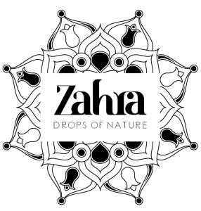 Zahra logo featuring intricate floral design, with 'Drops of Nature' text in the center.
