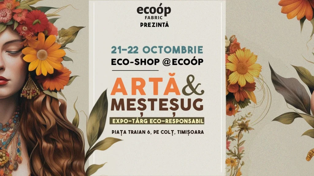 Vibrant illustration of a flower-adorned woman promoting an eco-friendly art and crafts fair.