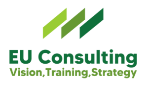 Logo-ul EU Consulting, evidențiind viziunea, formarea și strategia.