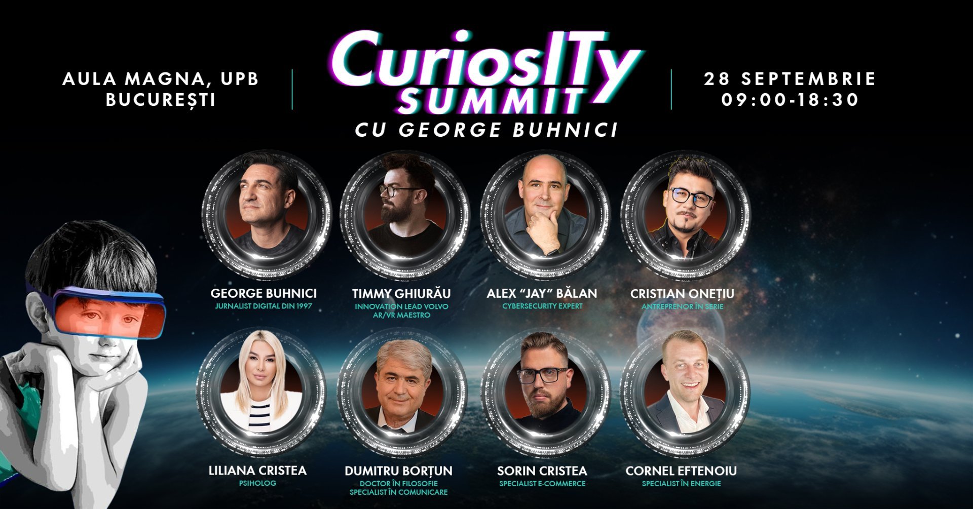 Afisaj grafic pentru CuriosITy Summit 2023, cu speakeri și detalii despre eveniment.