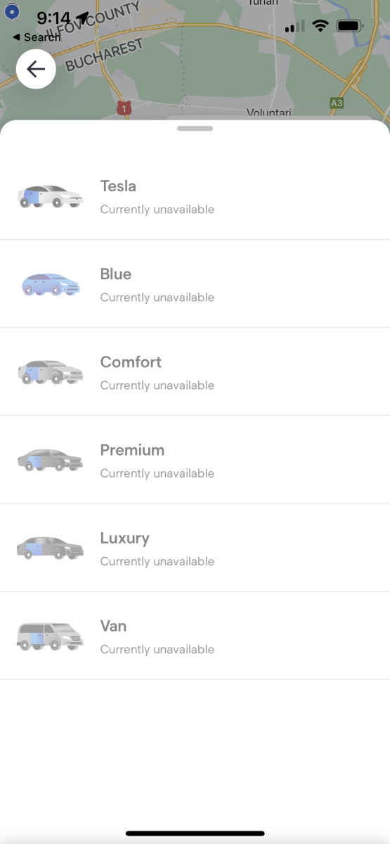 Ecran de aplicație cu opțiuni de mașini pentru serviciul de ride-sharing Blu, toate indisponibile.