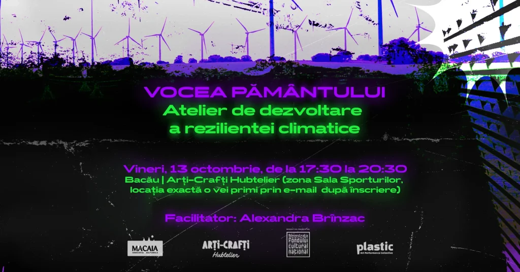 Poster for Vocea Pământului workshop, details on climate resilience development.