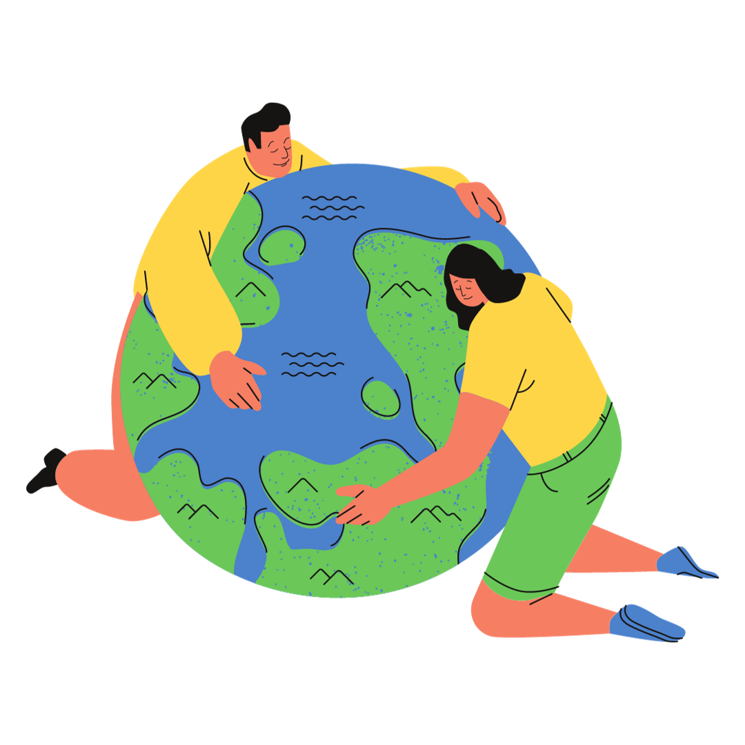Două persoane îmbrățișează o planetă simbolizând energia regenerabilă.