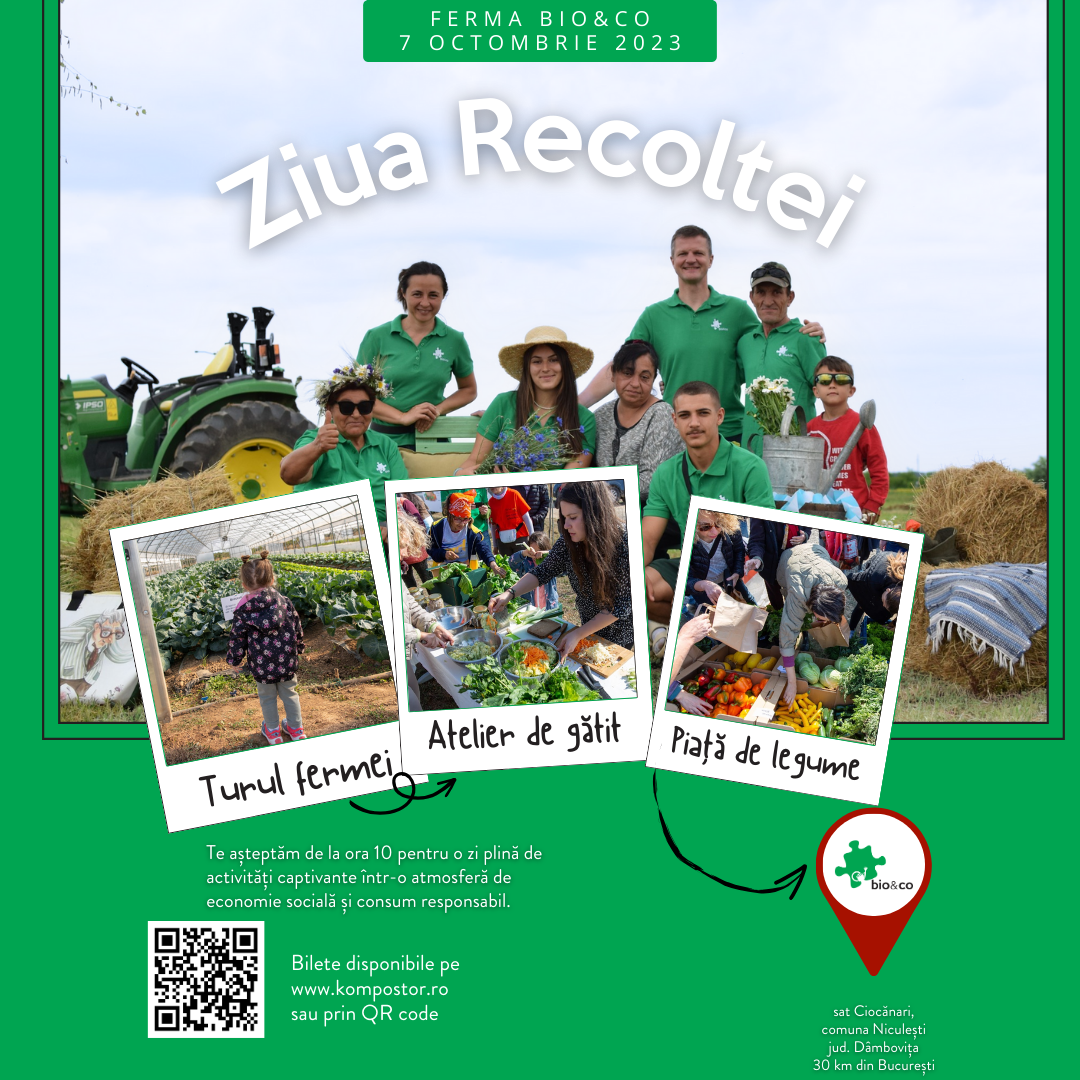 Oameni la ferma bio&co, participând la Ziua Recoltei, cu activități diverse și un tractor în fundal.