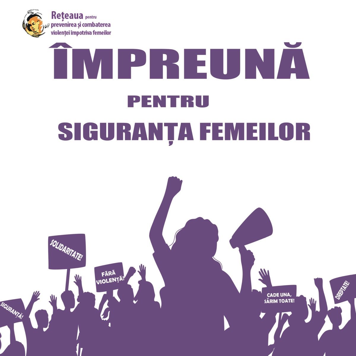 Silhouette de protestatari cu pancarte pentru siguranța femeilor.