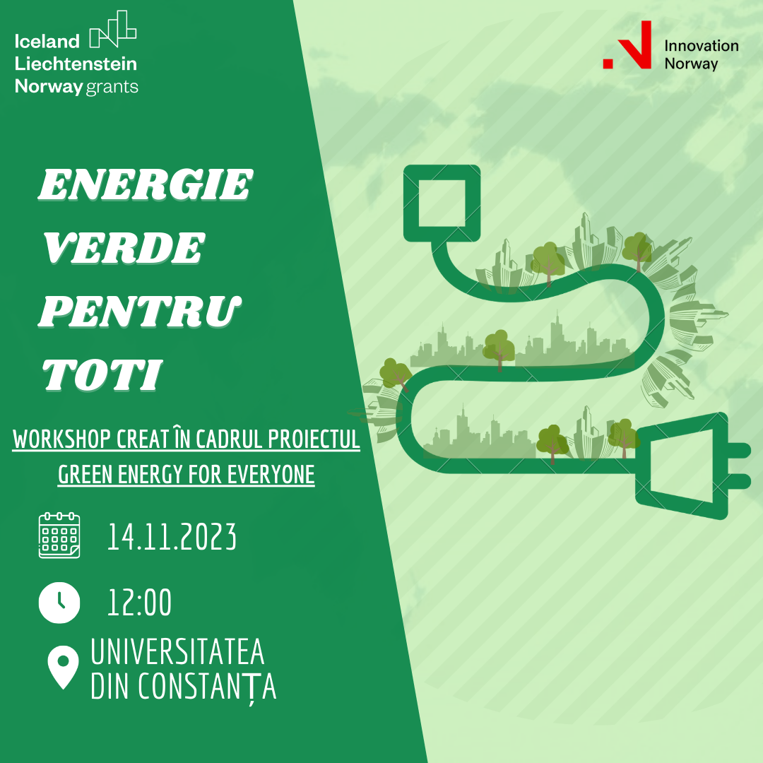 Workshop despre energie verde, data și locația specificate, cu un design ecologic.