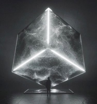 A large illuminated cube blending art and technology, with a human silhouette in front.