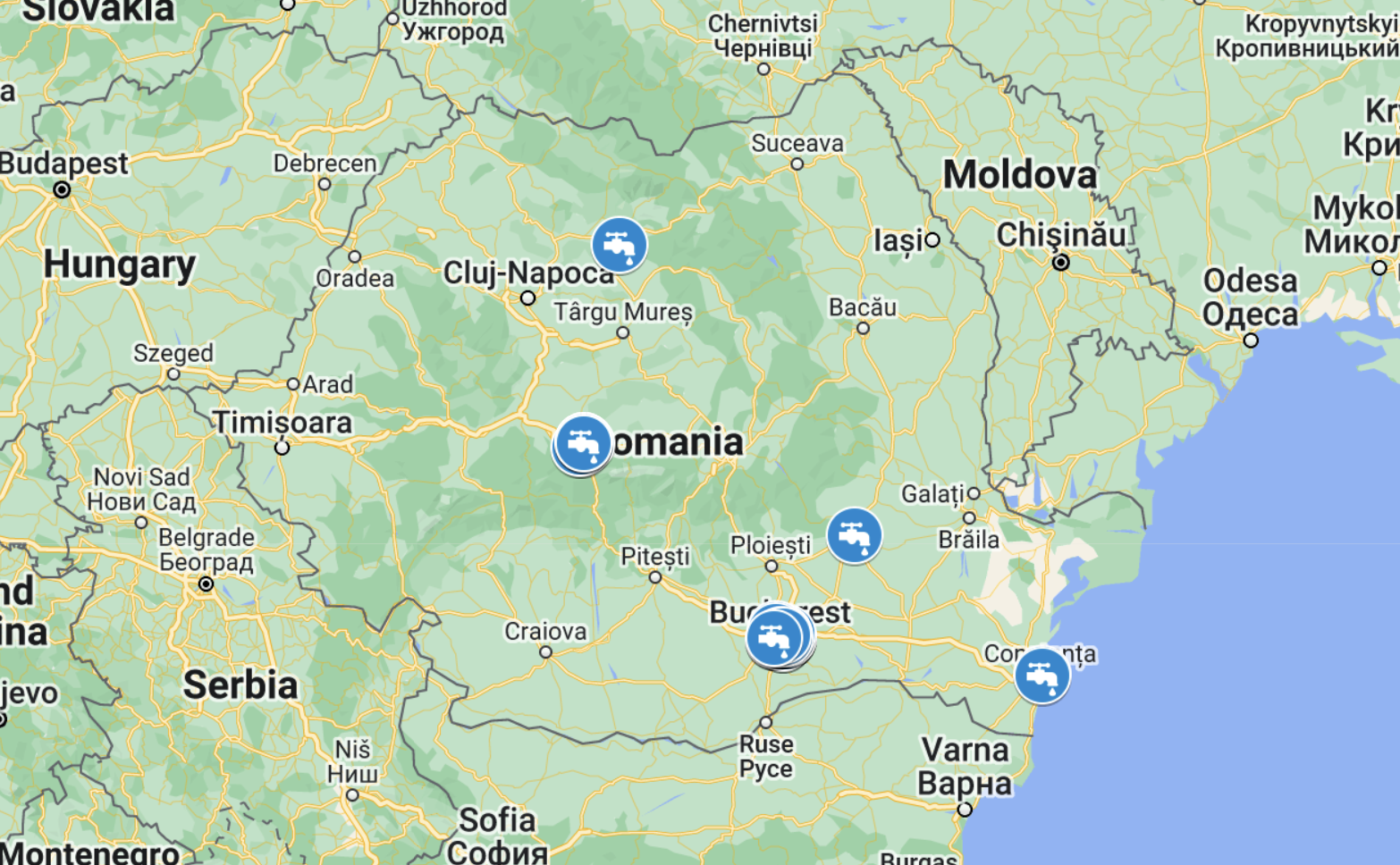 Interactive map of public fountains in Romania, with locations marked on Google Maps.