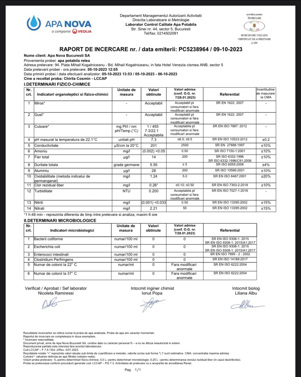 Testing report for drinking water in Bucharest, including physical-chemical and microbiological details.