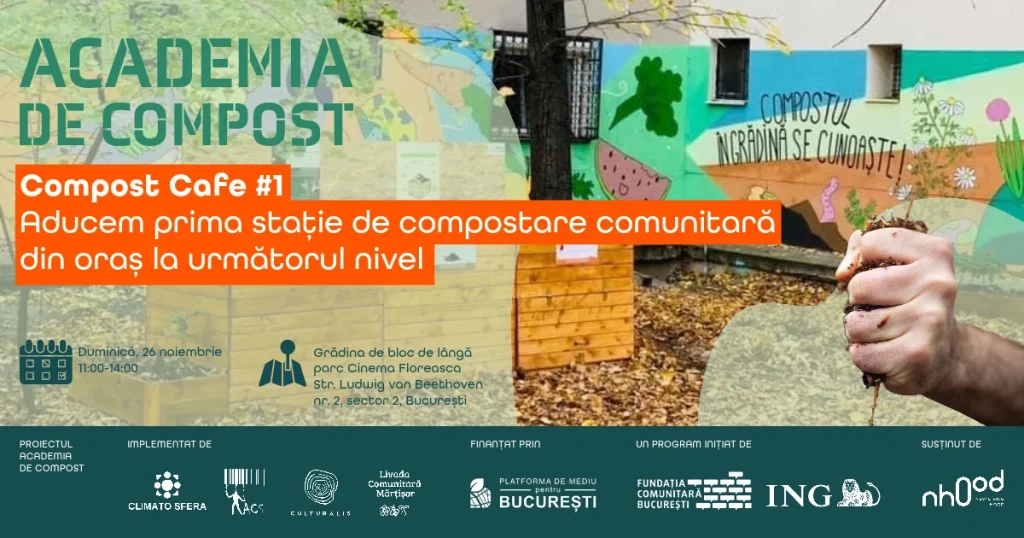 Colorful graphic for Compost Café, promoting the community composting station in Bucharest.