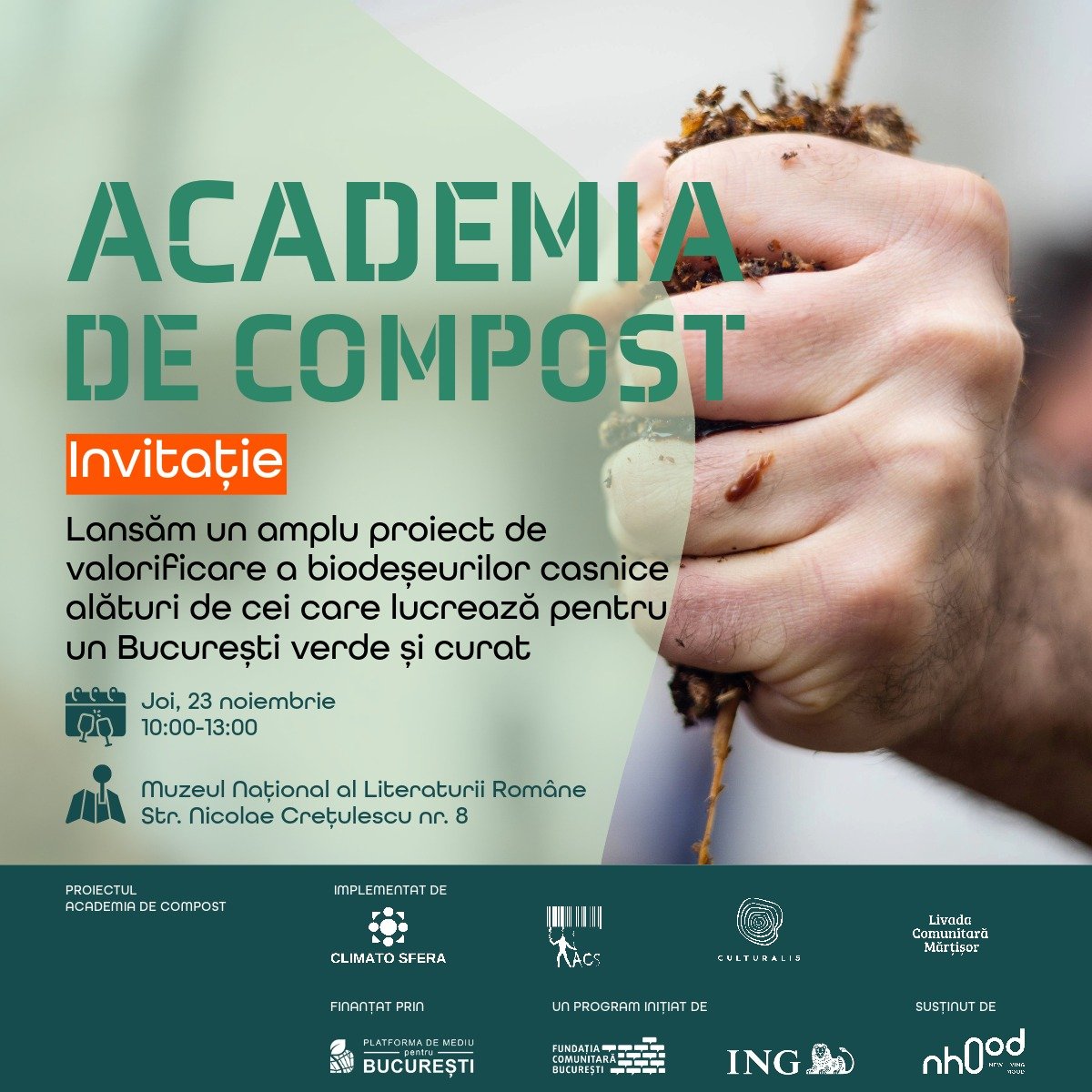 Invitation to the Compost Academy, promoting bio-waste composting in Bucharest.
