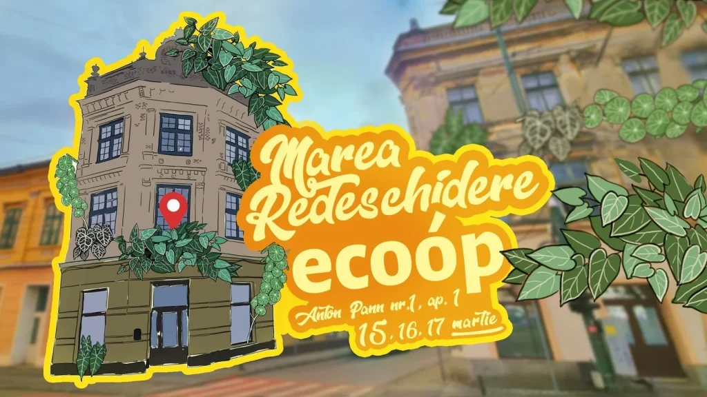 Illustrated building with green leaves and graphic details announcing the reopening of Ecoóp.