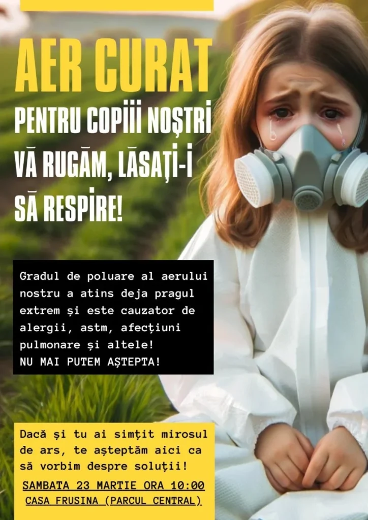 A girl wearing a protective mask, crying and asking for clean air for children.