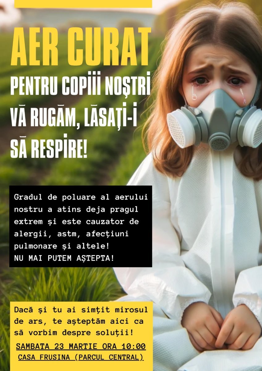 Fată cu mască de protecție, plângând, în fața unui peisaj verde, cerând aer curat pentru copii.