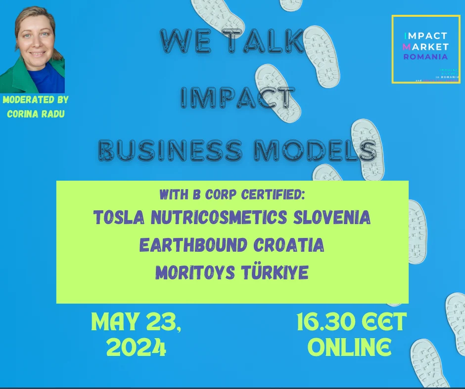 Online event on impact business models, moderated by Corina Radu, featuring B Corp participants.