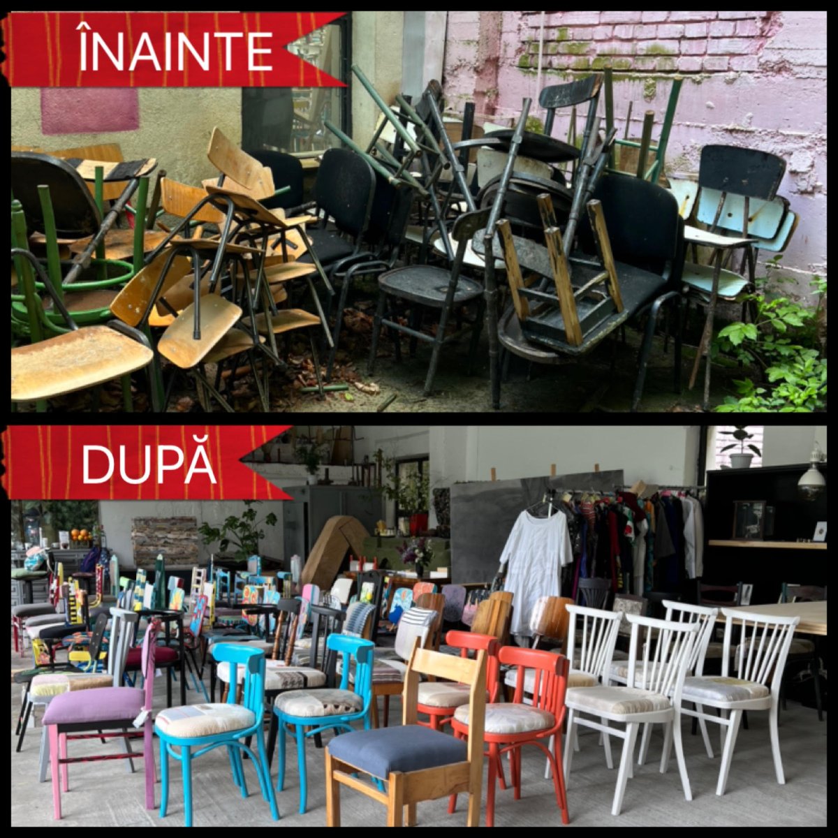 Broken chairs recovered and transformed into works of art, before and after refurbishment.