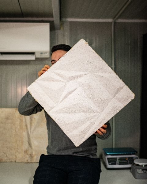 An entrepreneur holds an eco-friendly panel, showcasing innovation in green entrepreneurship.