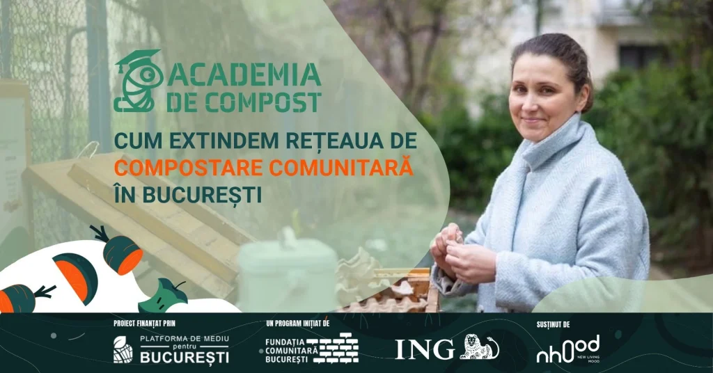 A smiling woman in front of a community composting board in Bucharest.