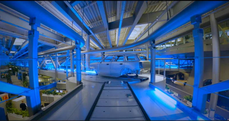 Mașină BMW în proces de producție, evidențiind măsurile de economie circulară implementate.