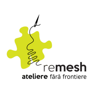 Remesh logo featuring a yellow abstract shape and a sewing needle.