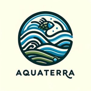 Logo-ul Aquaterra, reprezentând valuri și un pește, simbolizând protecția mediului acvatic.