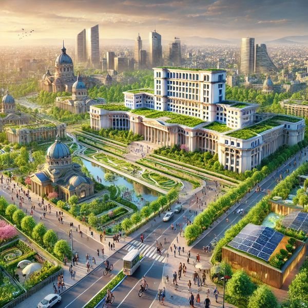 Bucharest residents' vision of a sustainable city with green buildings and nature-filled public spaces.