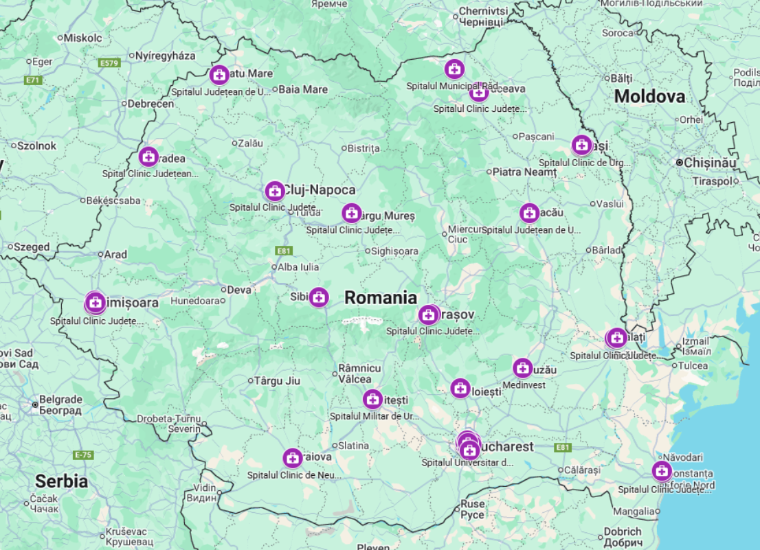 Map of Romania showing locations of neurologists specialized in migraines.